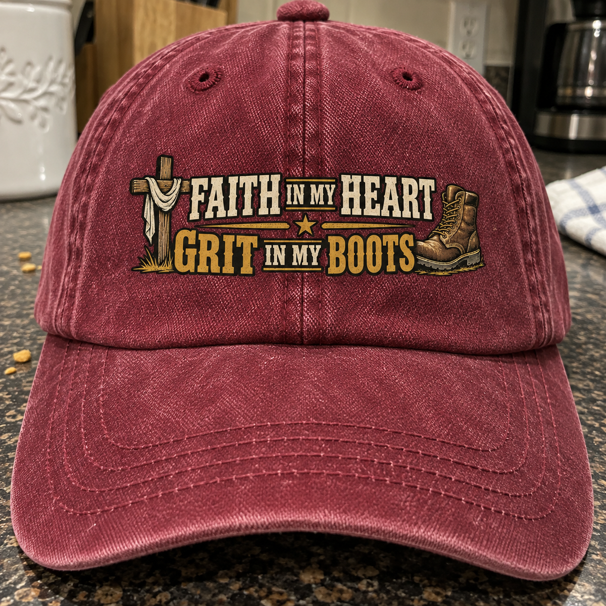 Burgundy vintage washed cap, front view, printed Faith In My Heart Grit In My Boots