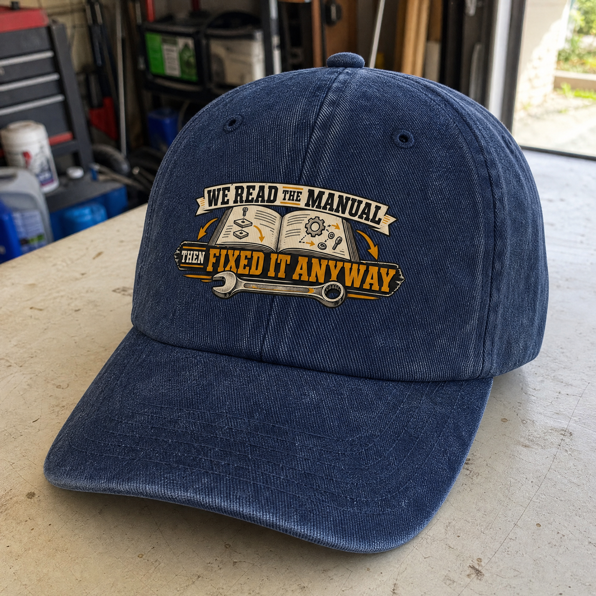 Navy vintage washed cap with printed “We Read The Manual Then Fixed It Anyway” design, angled view
