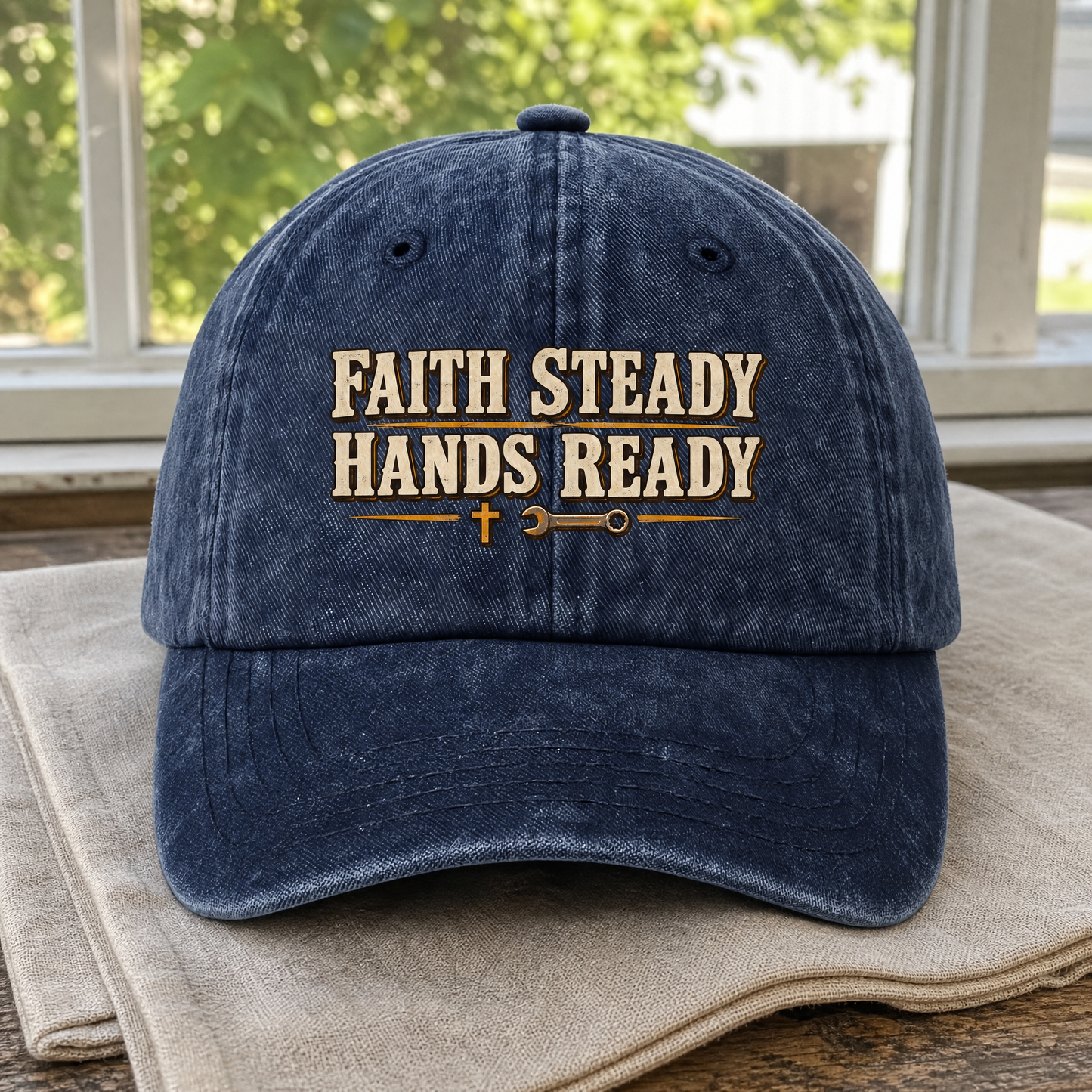 Navy vintage washed cap with printed Faith Steady Hands Ready slogan, front angle view