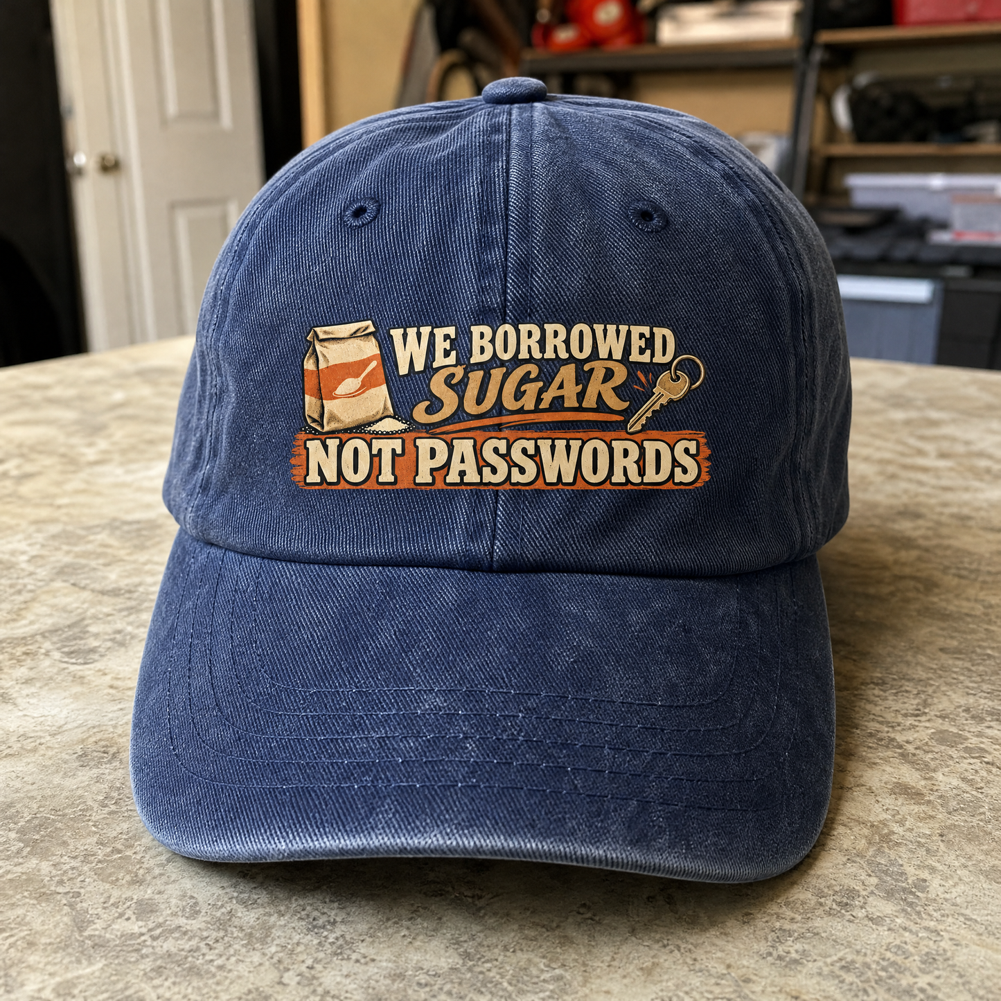Blue vintage washed cap with printed “We Borrowed Sugar. Not Passwords” slogan, front angle.