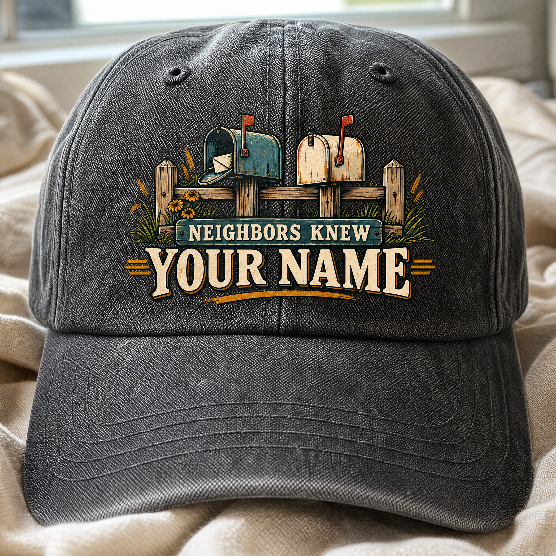 Vintage washed cap with printed “Neighbors Knew Your Name” mailbox design, front angle view