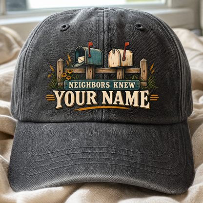Vintage washed cap with printed “Neighbors Knew Your Name” mailbox design, front angle view