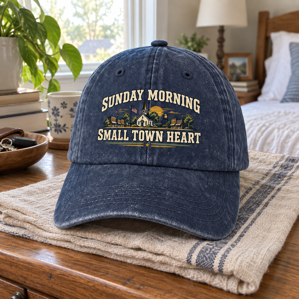 Navy vintage washed cap with printed Sunday Morning Small Town Heart townscape, front view