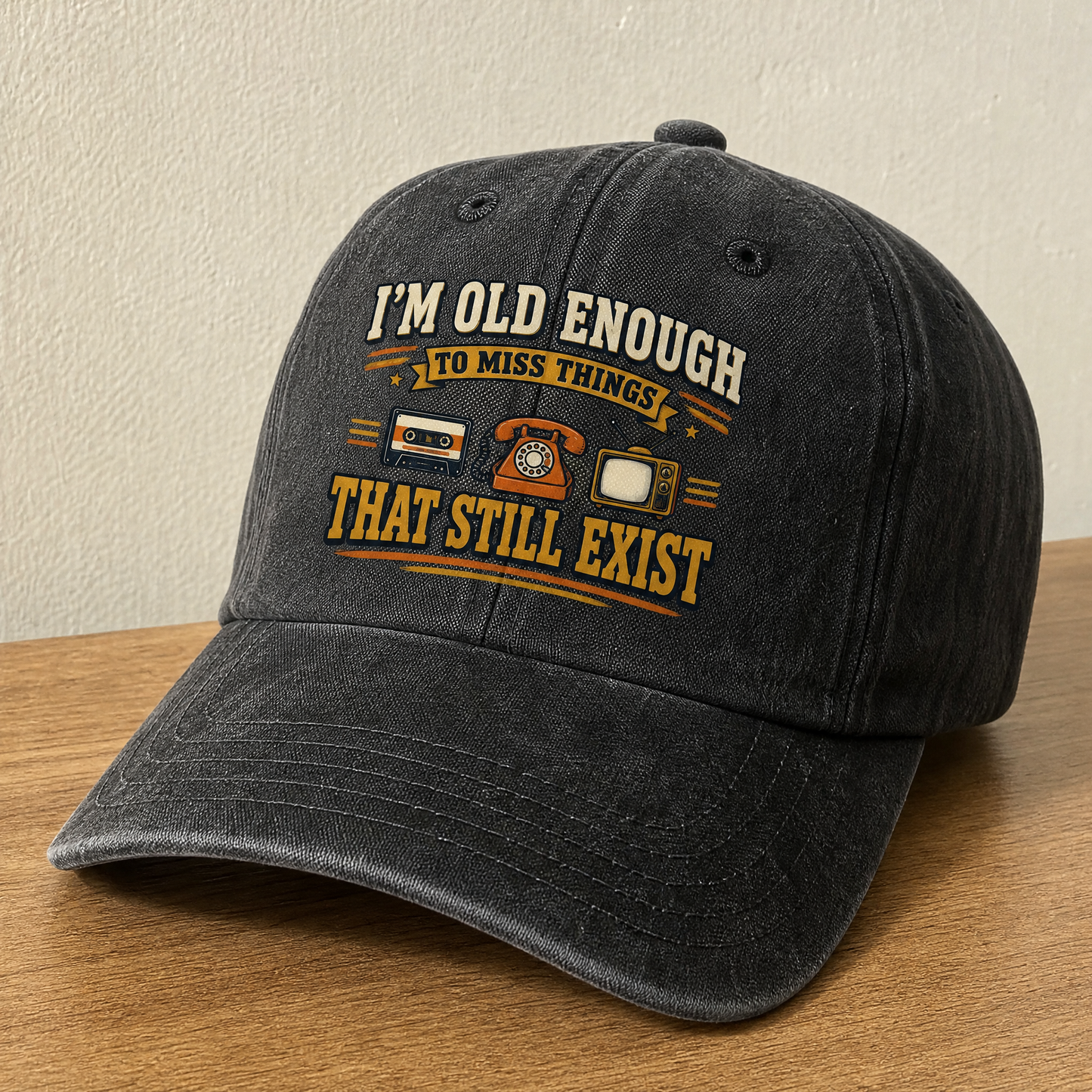 42 miss things vintage washed cap with printed slogan, angled view