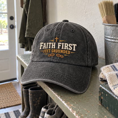 Charcoal vintage washed cap with printed Faith First Feet Grounded design, angled on shelf.
