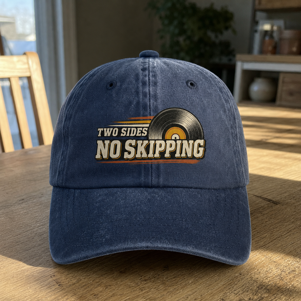 Blue vintage washed cap featuring printed Two Sides. No Skipping design, front angle