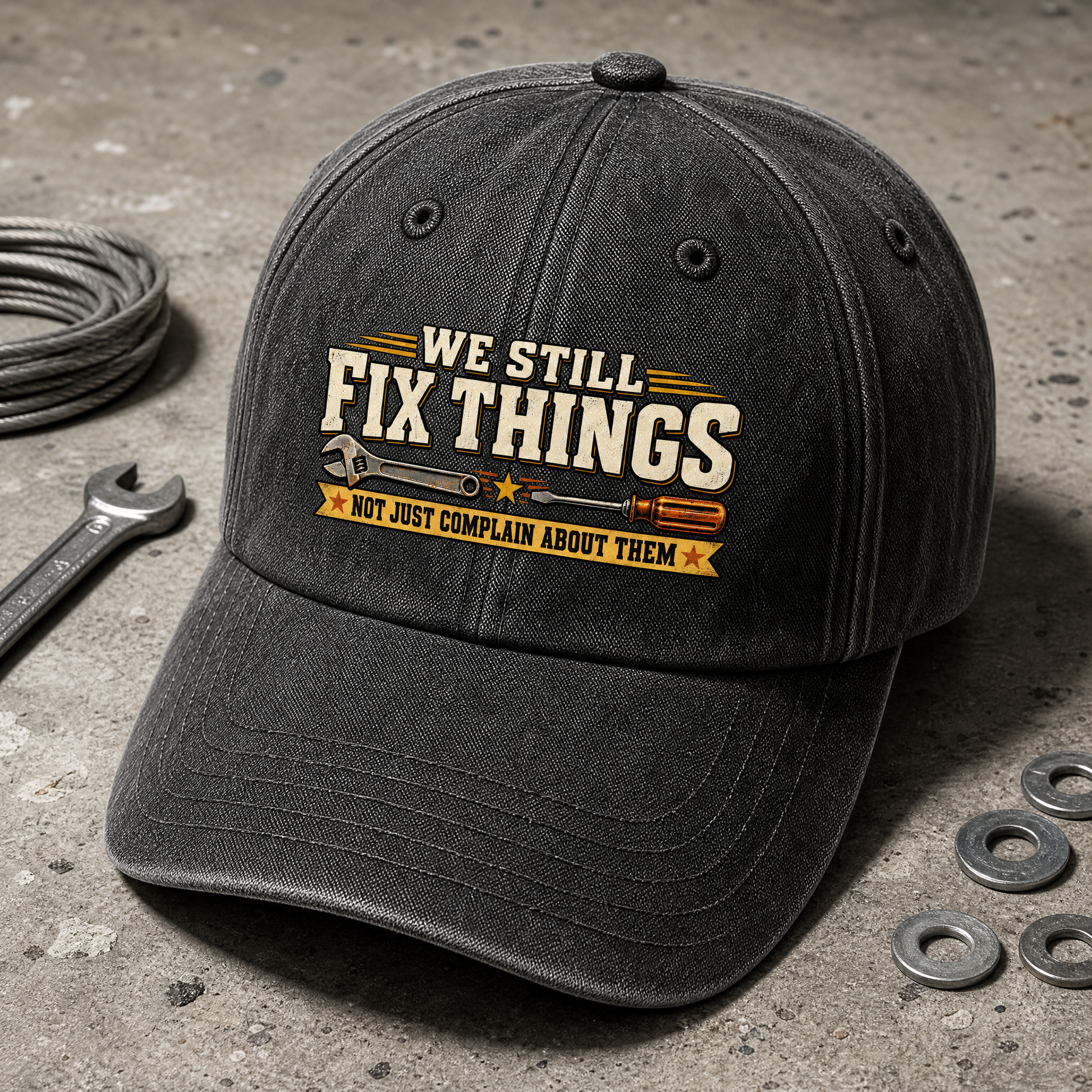Black vintage washed cap with printed “We Still Fix Things” slogan, angled view.