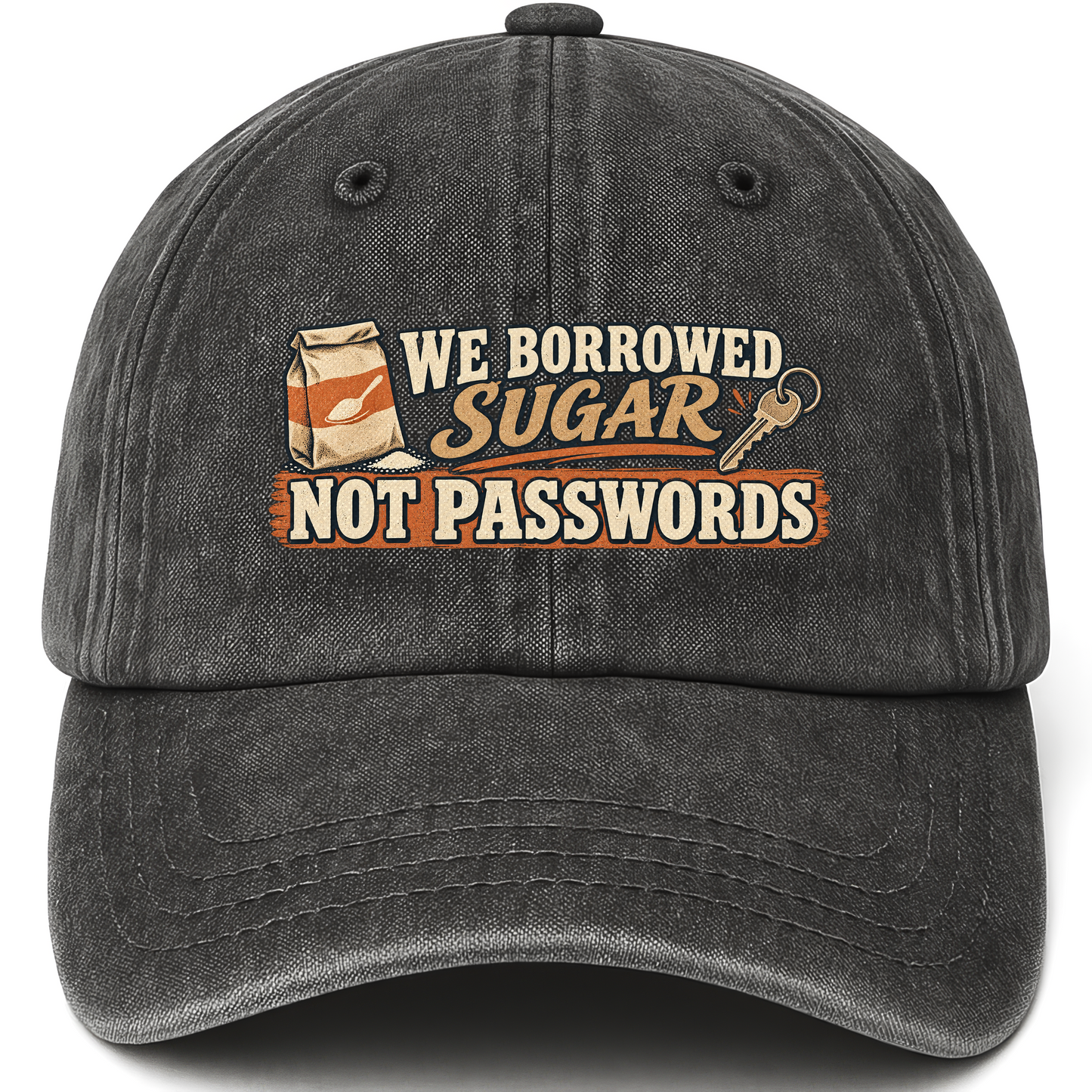 Black vintage washed cap with We Borrowed Sugar. Not Passwords printed front design