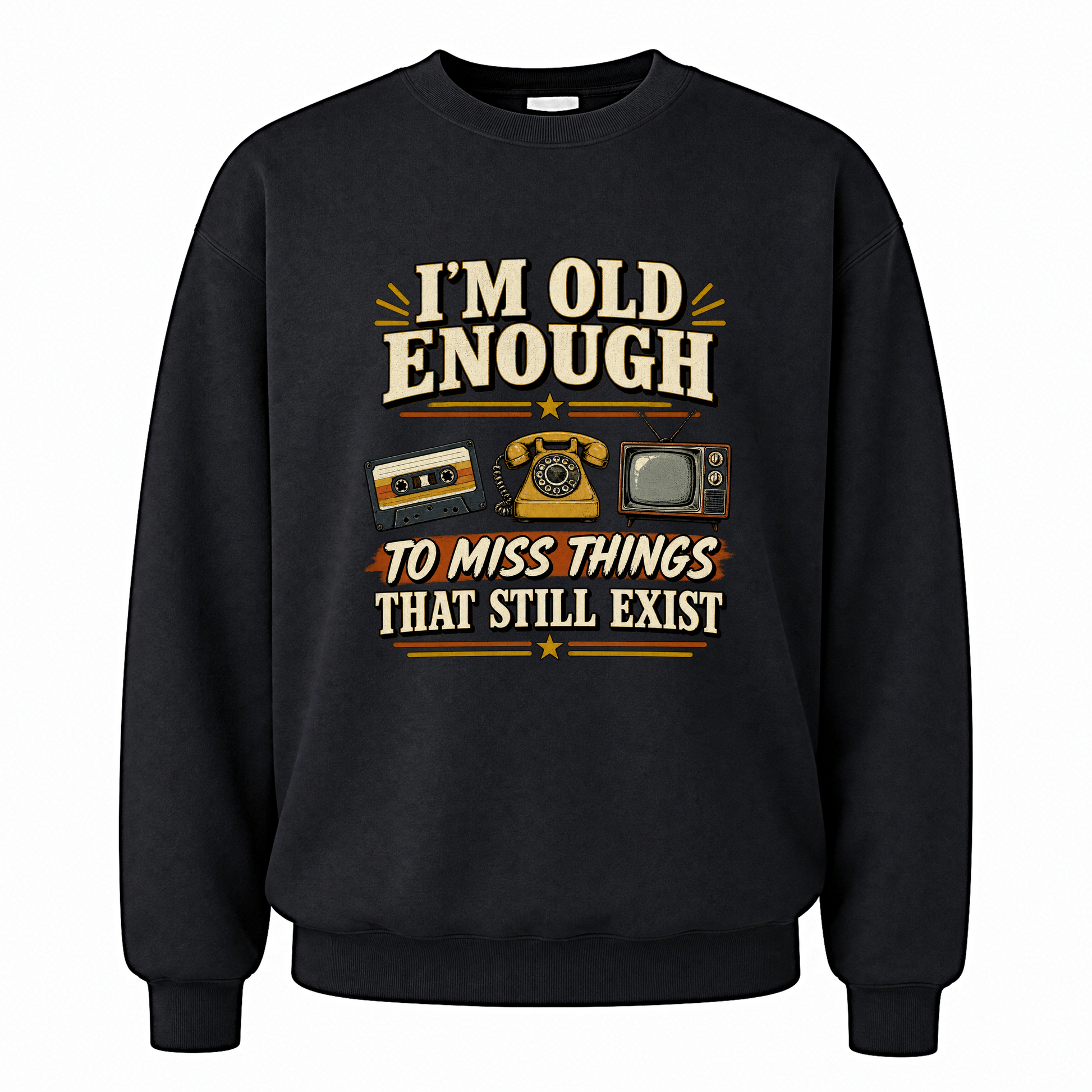 Black vintage sweatshirt with 42 miss things that still exist ideogram 4x printed front design