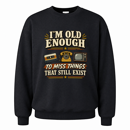 Black vintage sweatshirt with 42 miss things that still exist ideogram 4x printed front design