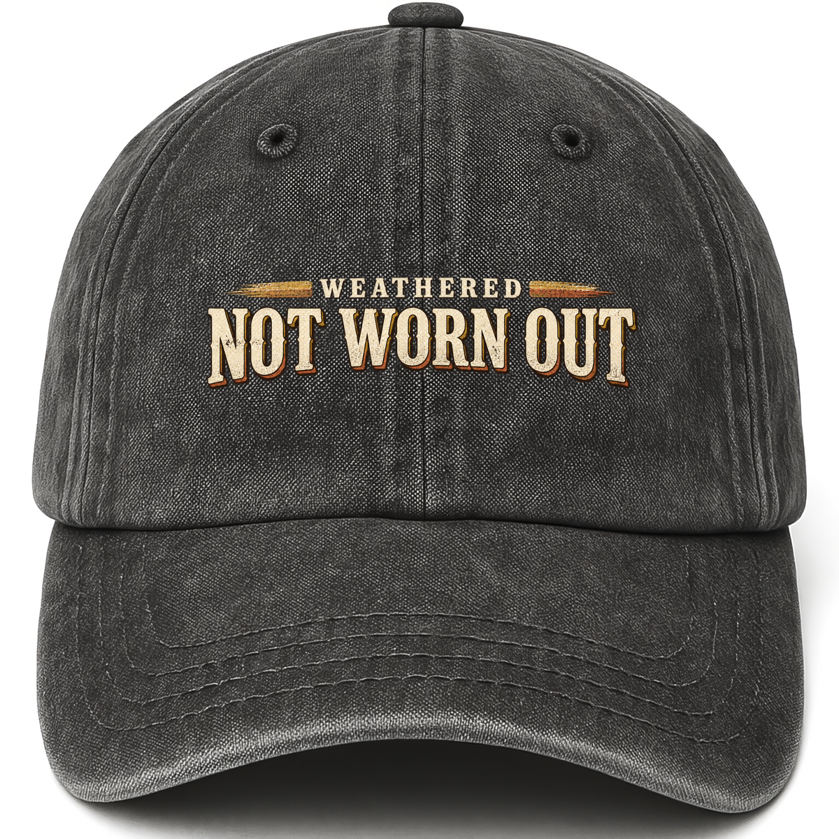 Black vintage washed cap with Weathered Not Worn Out printed front design