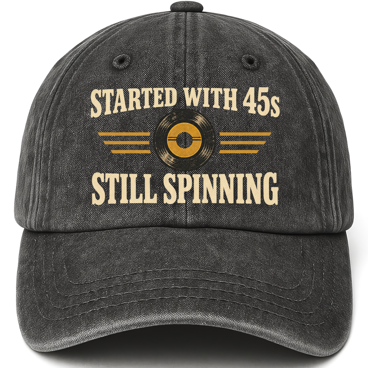 Black vintage washed cap with Started With =45s= Still Spinning printed front design