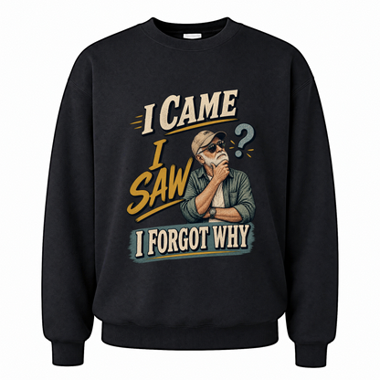 Black vintage sweatshirt with I Came I Saw I Forgot Why printed front design