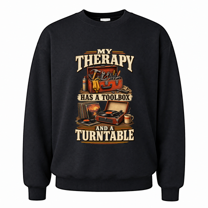 Black vintage sweatshirt with 33 toolbox and turntable ideogram 4x printed front design