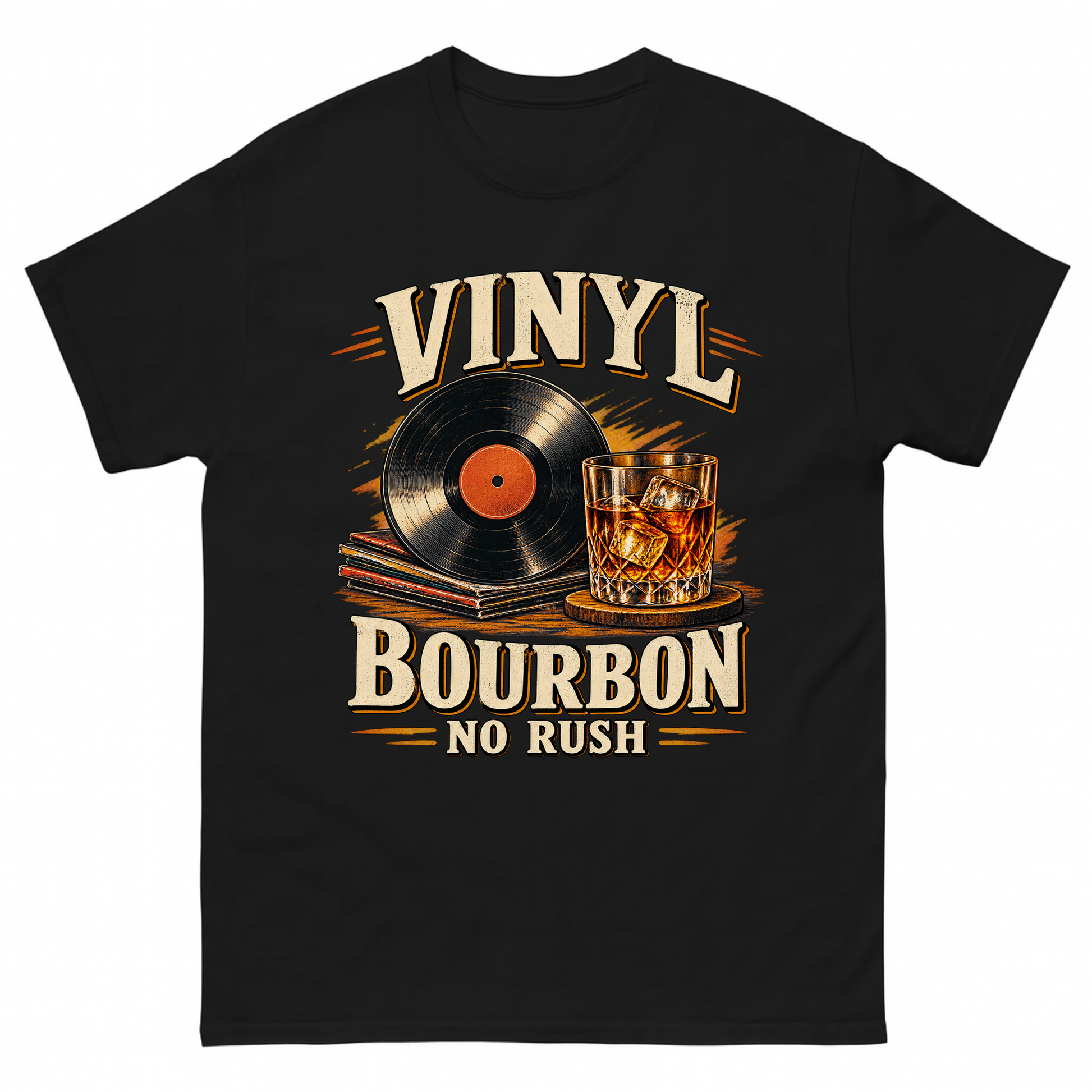 Black vintage t-shirt with Vinyl Bourbon. No Rush printed front design