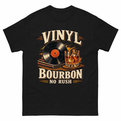 Black vintage t-shirt with Vinyl Bourbon. No Rush printed front design