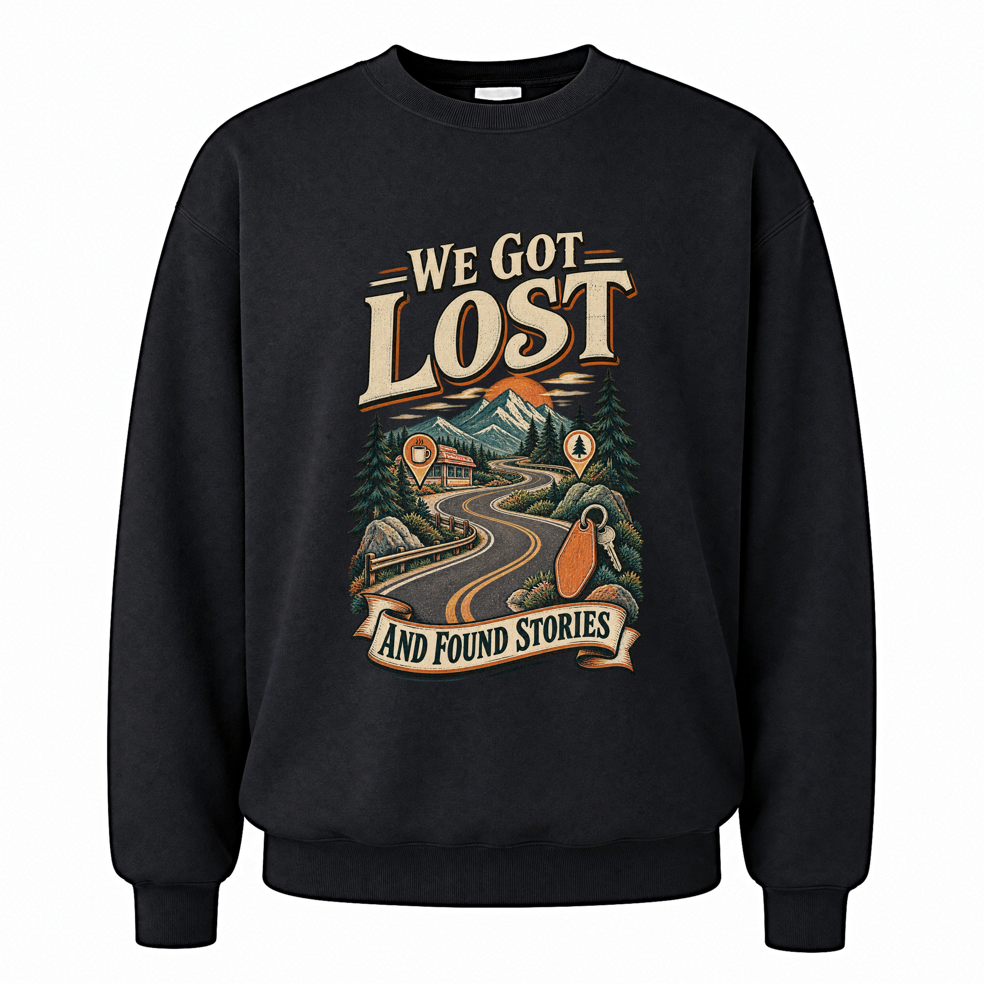 Black vintage sweatshirt with We Got Lost And Found Stories printed front design