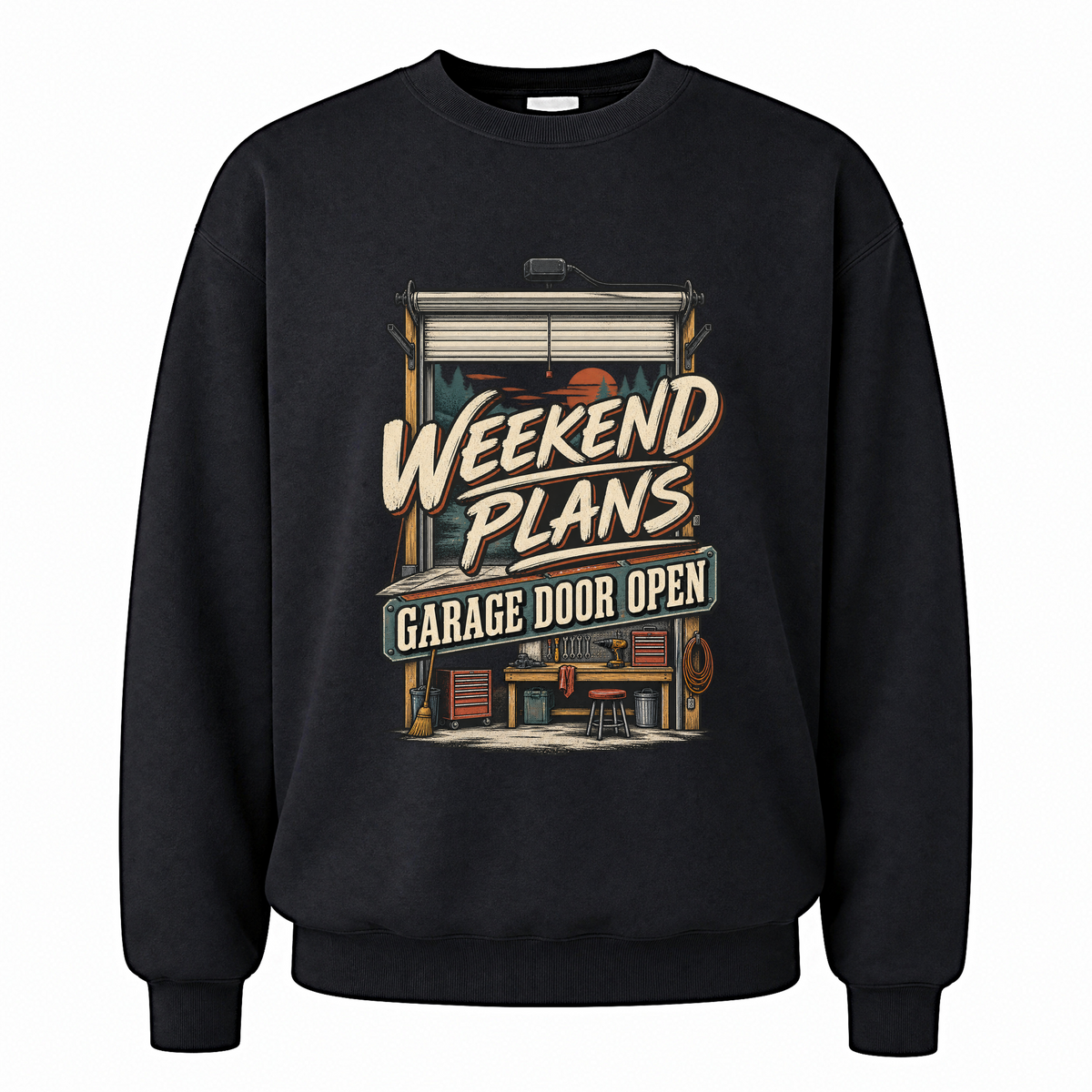 Black vintage sweatshirt with Weekend Plans. Garage Door Open printed front design