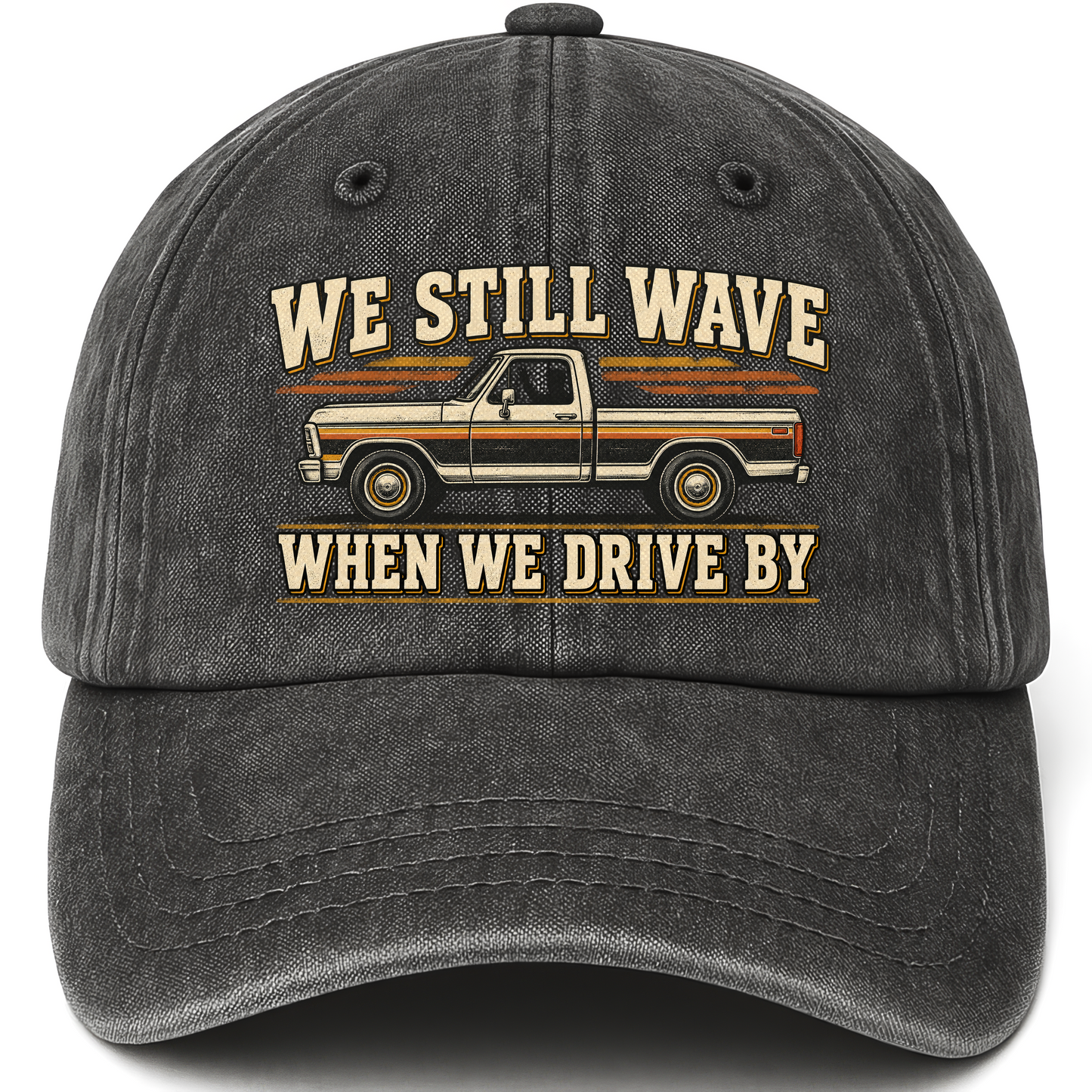 Black vintage washed cap with We Still Wave When We Drive By printed front design