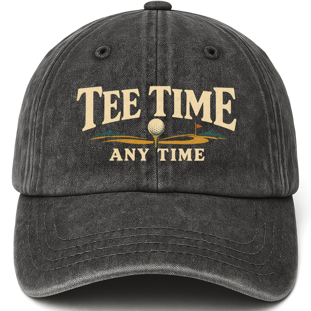 Black vintage washed cap with Tee Time Anytime printed front design