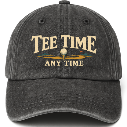 Black vintage washed cap with Tee Time Anytime printed front design