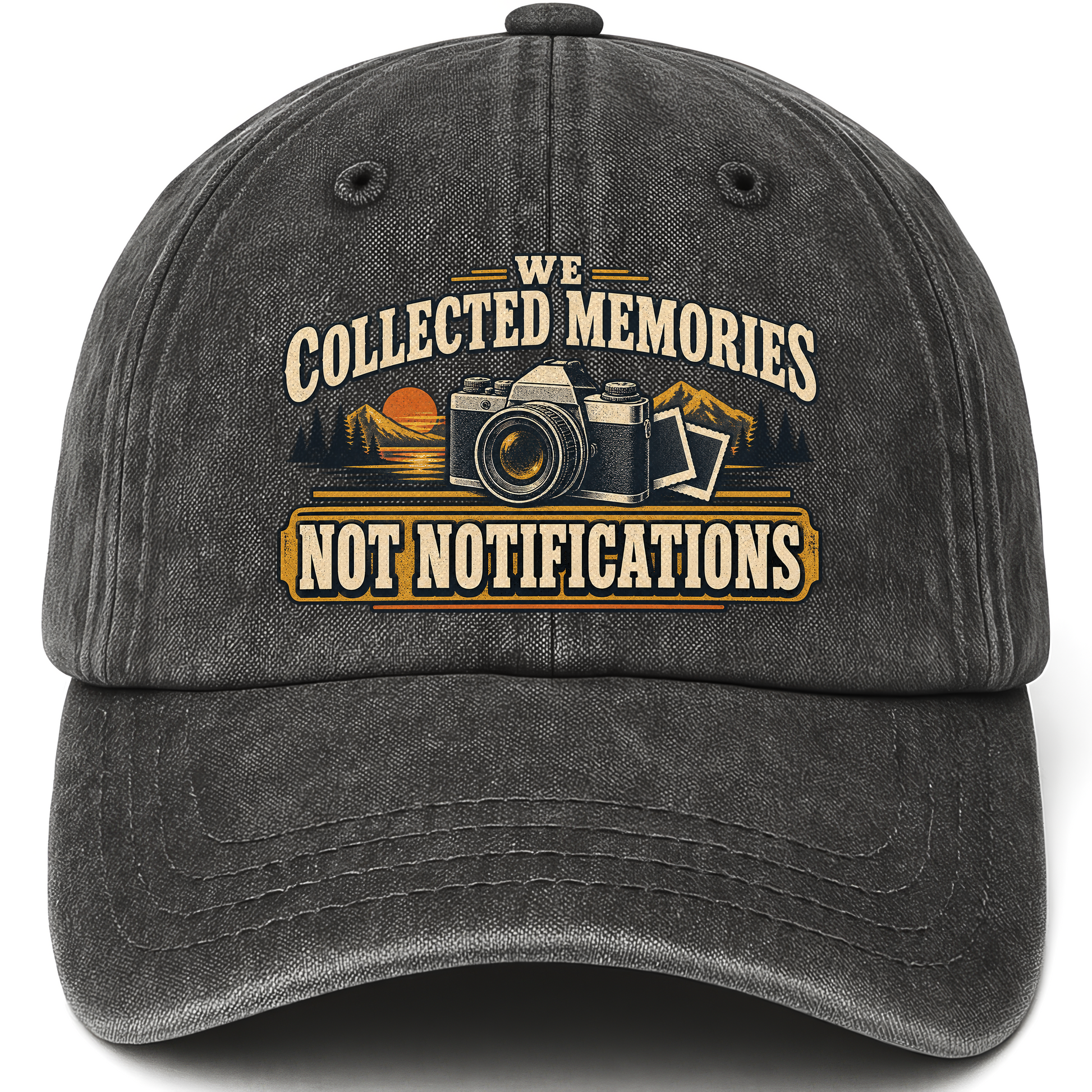 Black vintage washed cap with We Collected Memories Not Notifications printed front design