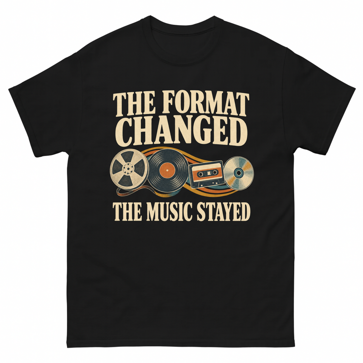 Black vintage t-shirt with The Format Changed The Music Stayed printed front design