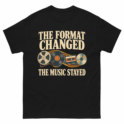 Black vintage t-shirt with The Format Changed The Music Stayed printed front design
