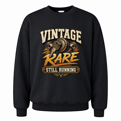 Black vintage sweatshirt with Vintage Garage Still Running printed front design
