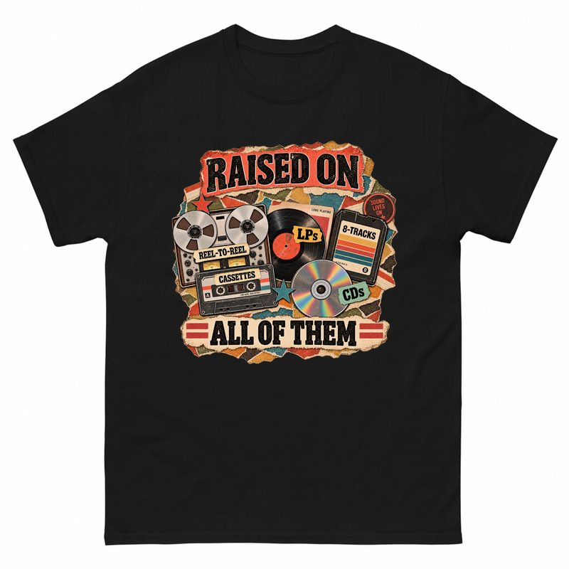 Black vintage t-shirt with Raised On All Of Them printed front design