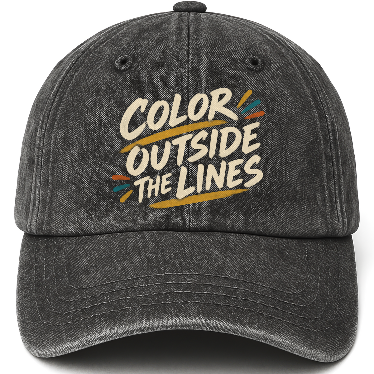 Black vintage washed cap with Painting Outside The Lines printed front design