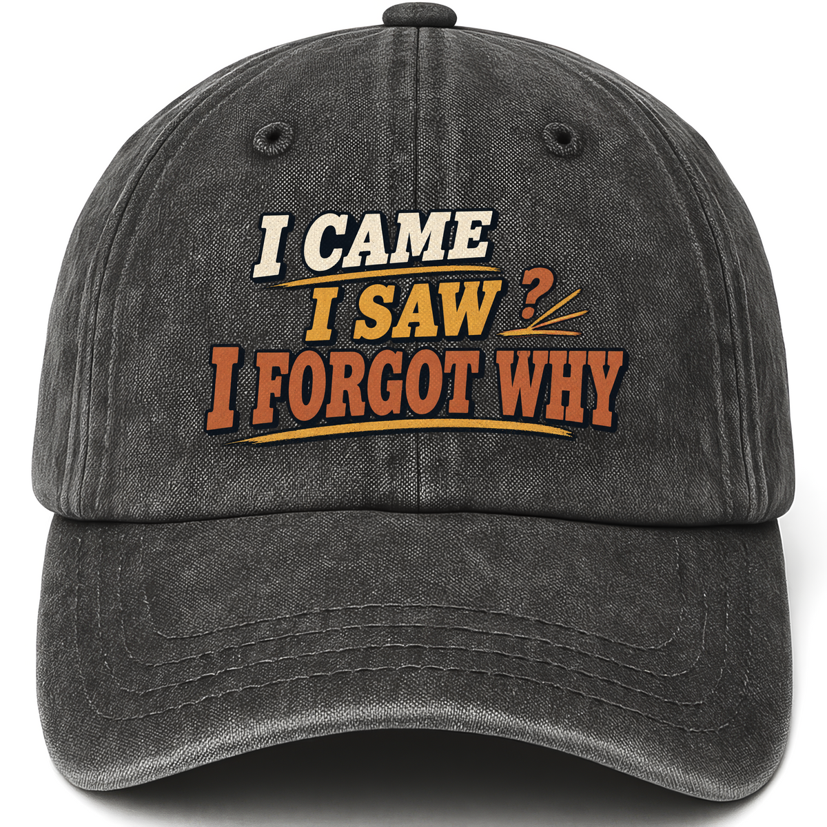 Black vintage washed cap with I Came I Saw I Forgot Why printed front design