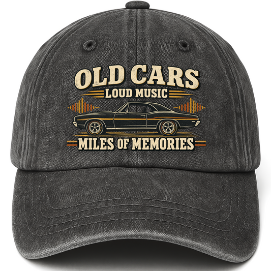 Black vintage washed cap with 35 old cars loud music miles of memories ideogram 4x TRIM pad80 printed front design