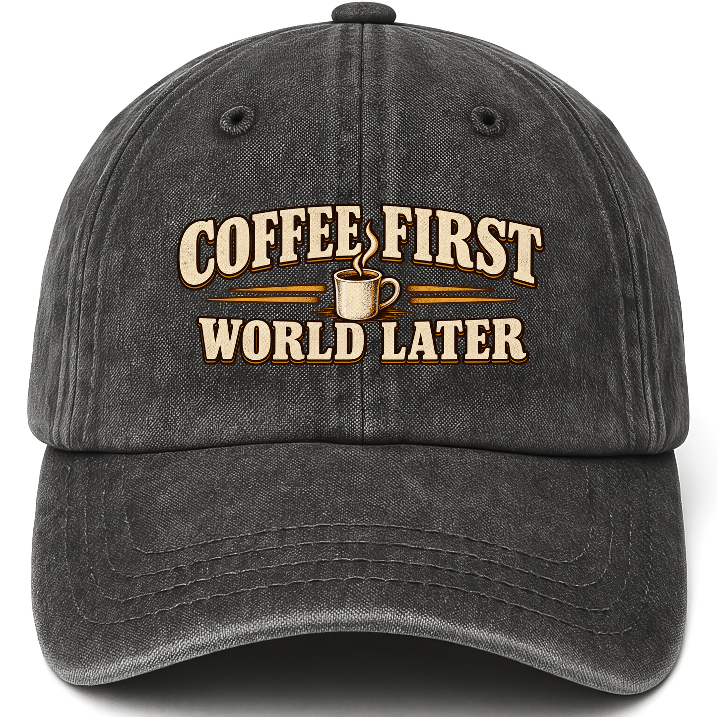 Black vintage washed cap with Coffee First. World Later printed front design