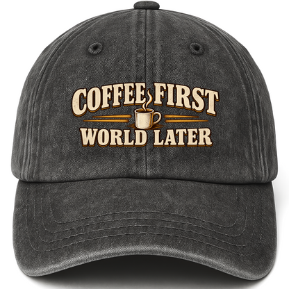 Black vintage washed cap with Coffee First. World Later printed front design