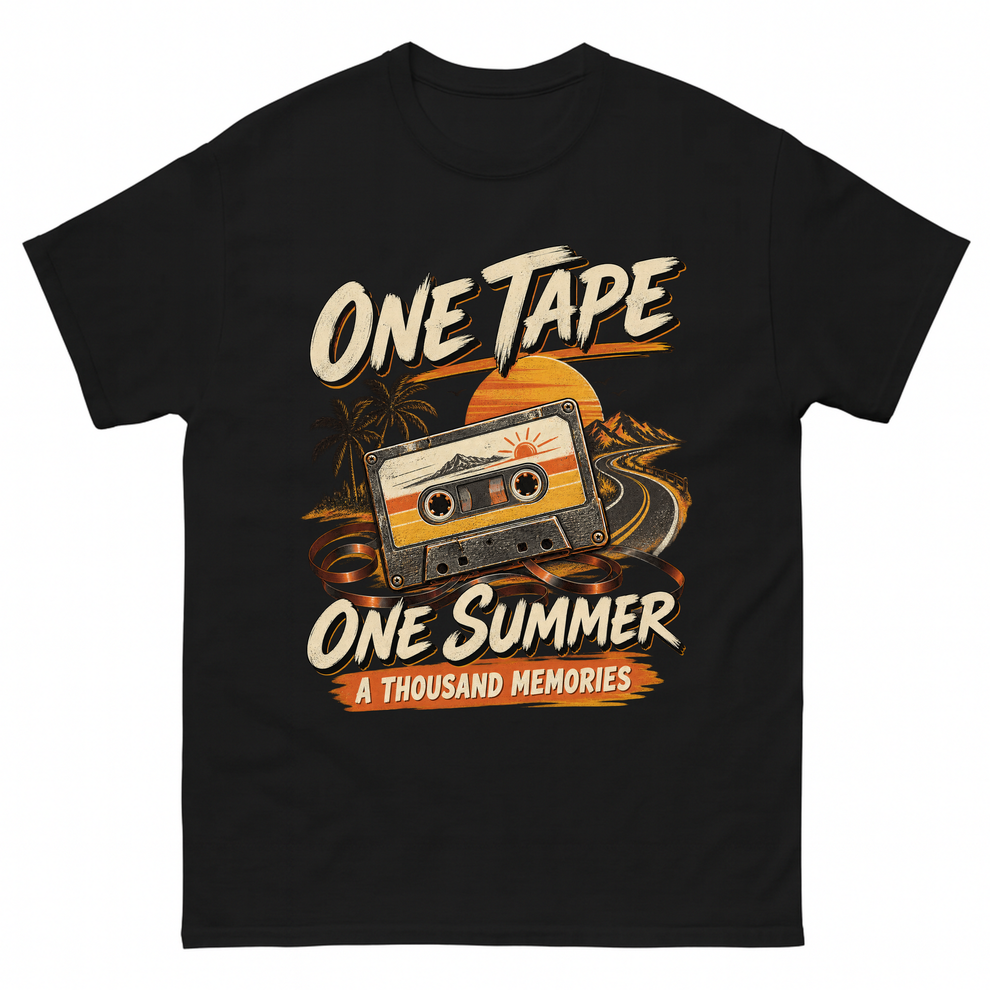 Black vintage t-shirt with One Tape One Summer A Thousand Memories printed front design