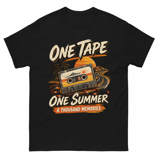 Black vintage t-shirt with One Tape One Summer A Thousand Memories printed front design