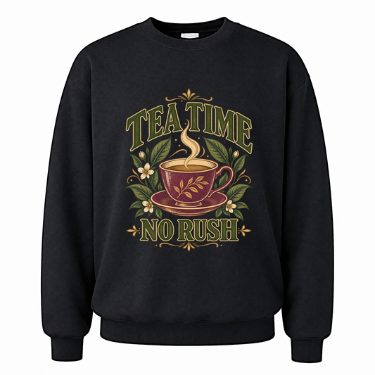 Black vintage sweatshirt with Tea Time. No Rush printed front design