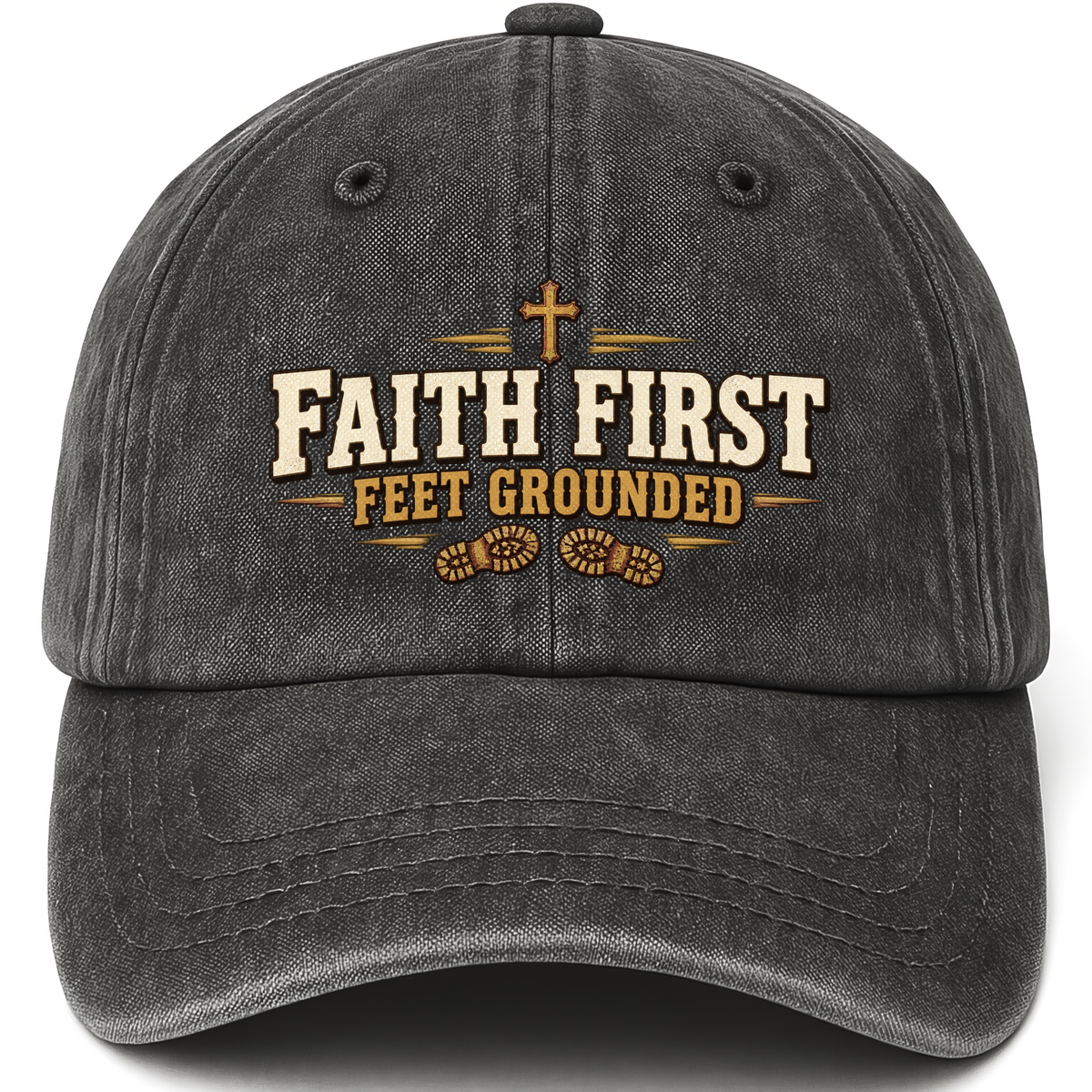 Black vintage washed cap with Faith First Feet Grounded printed front design