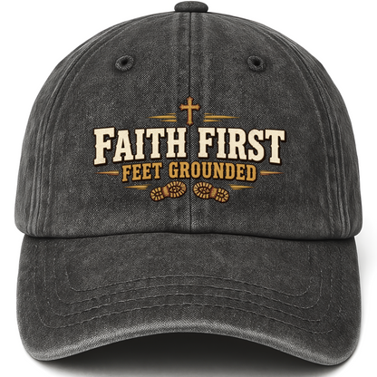 Black vintage washed cap with Faith First Feet Grounded printed front design