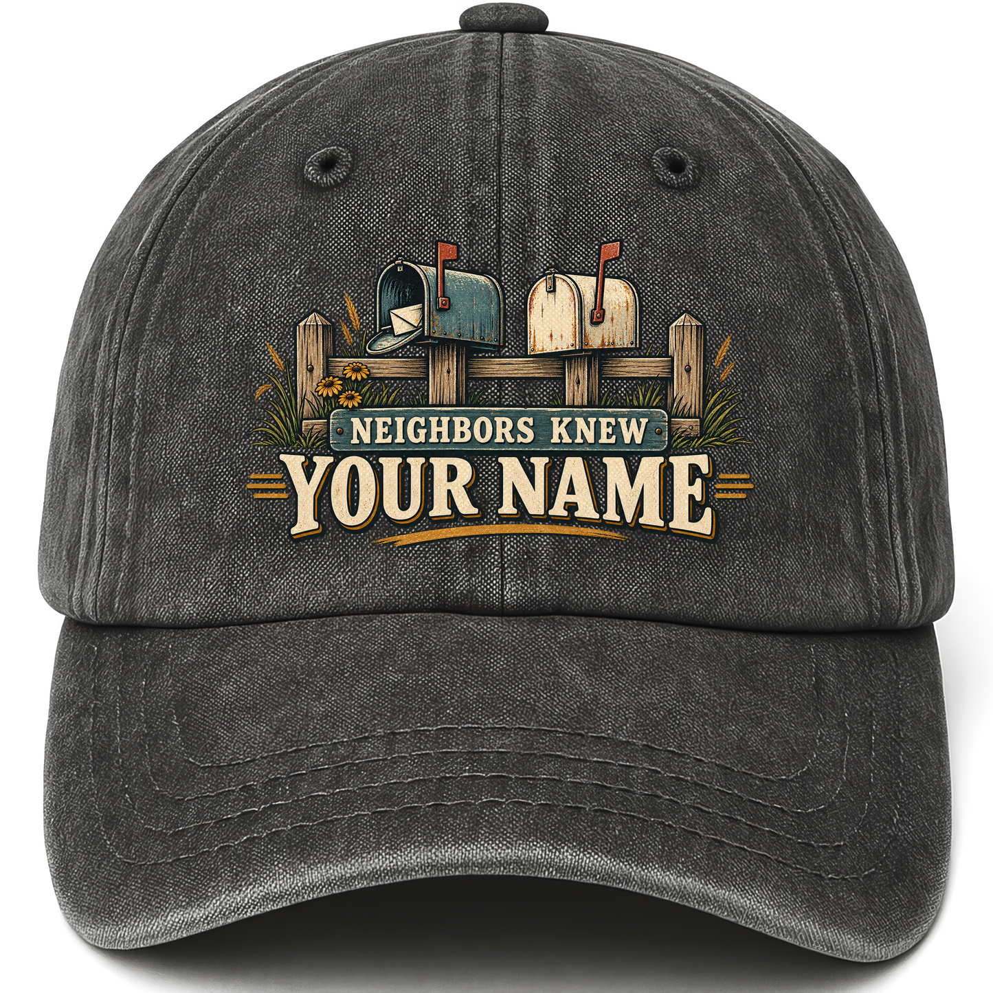 Black vintage washed cap with Neighbors Knew Your Name printed front design
