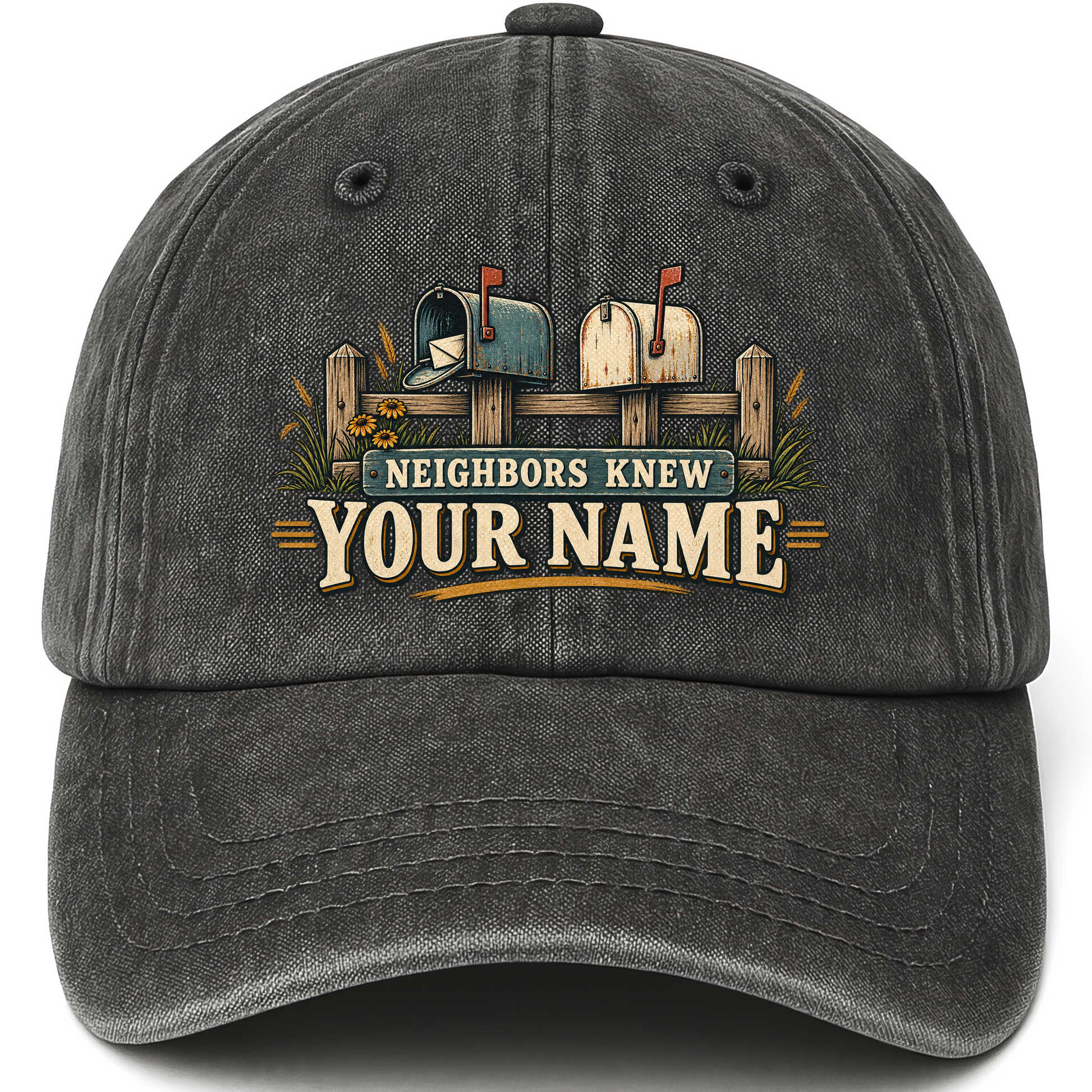 Black vintage washed cap with Neighbors Knew Your Name printed front design
