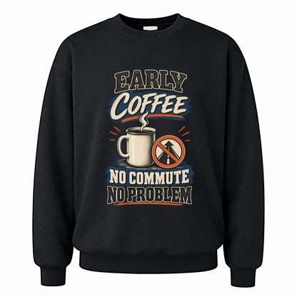 Black vintage sweatshirt with Early Coffee. No Commute No Problem printed front design