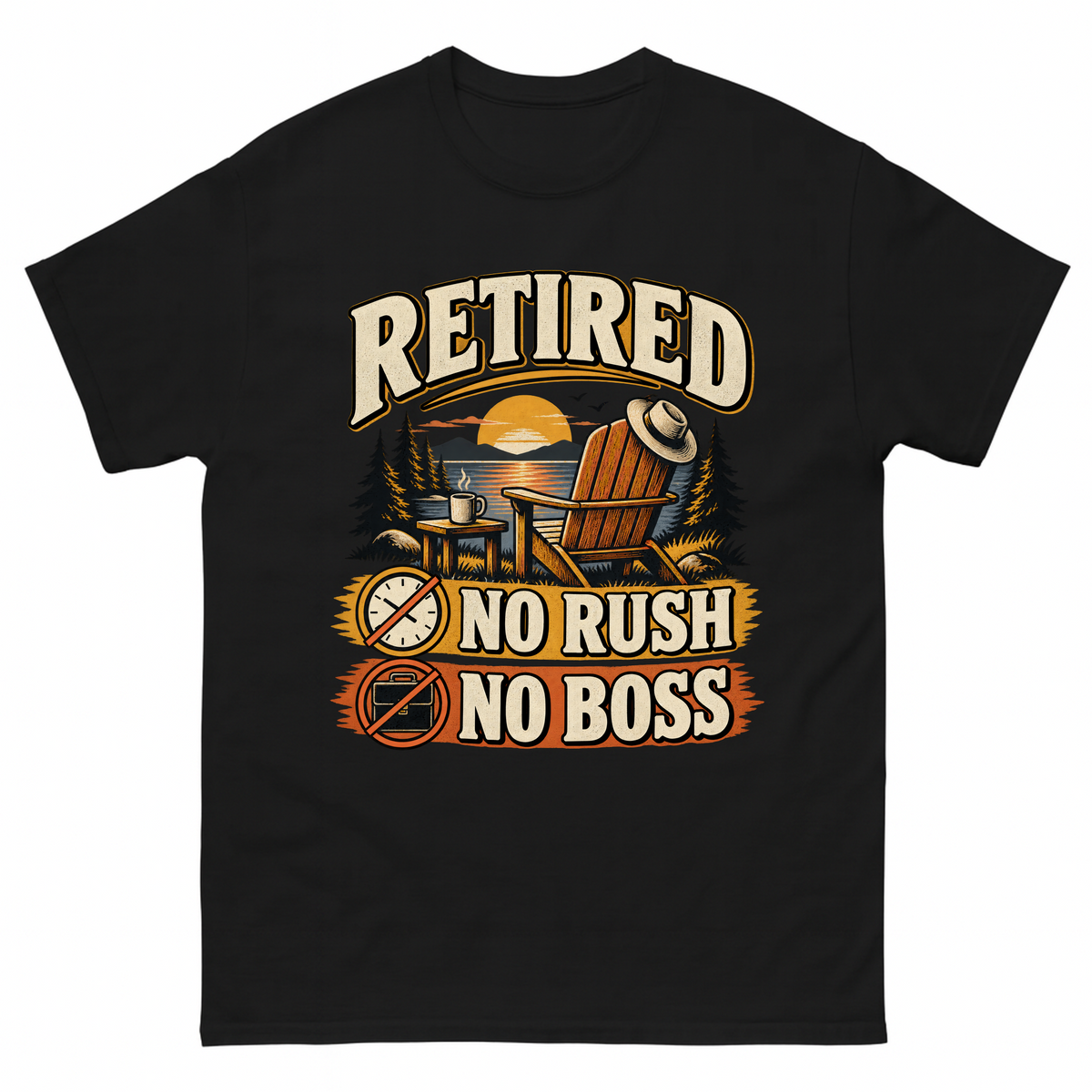 Black vintage t-shirt with Retired. No Rush No Boss printed front design
