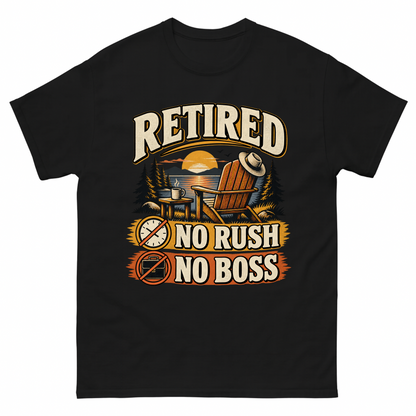 Black vintage t-shirt with Retired. No Rush No Boss printed front design