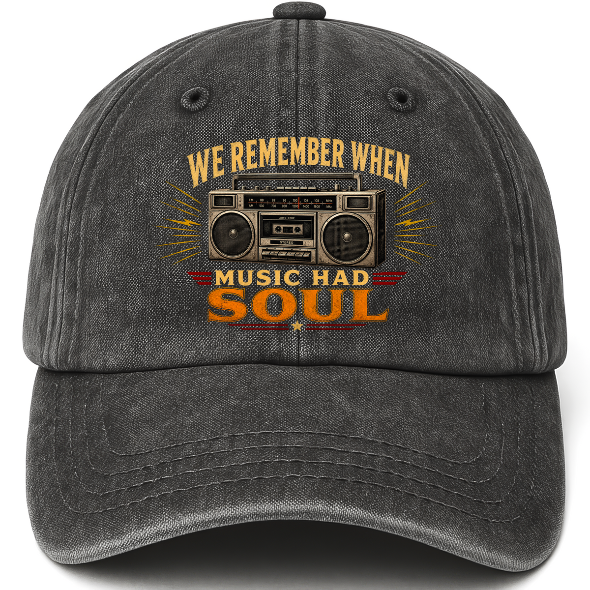 Black vintage washed cap with We remember music soul cap printed front design