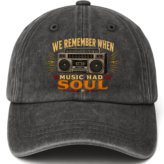 Black vintage washed cap with We remember music soul cap printed front design