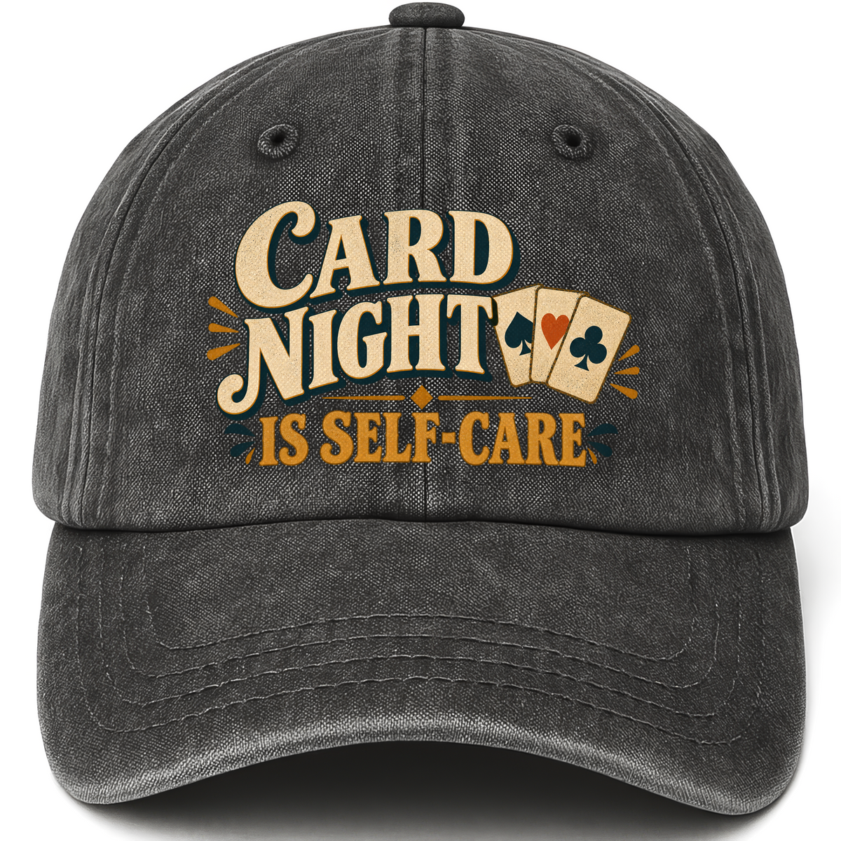 Black vintage washed cap with Card Night Is Self-Care printed front design