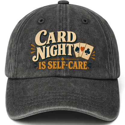 Black vintage washed cap with Card Night Is Self-Care printed front design