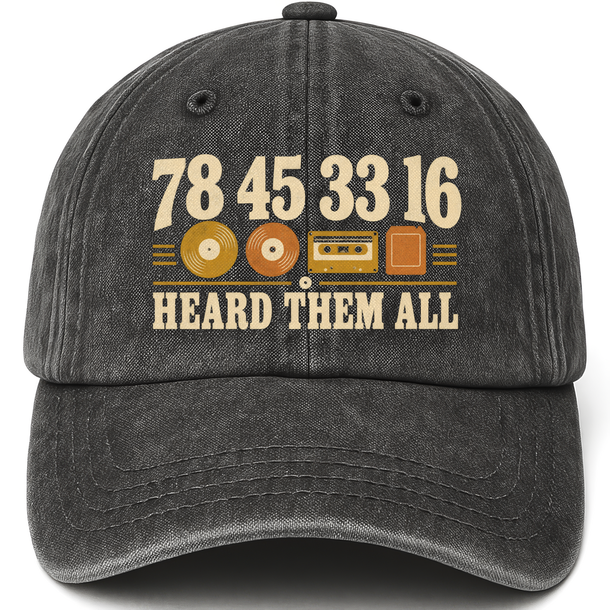 Black vintage washed cap with 7845 3316 Heard Them All printed front design